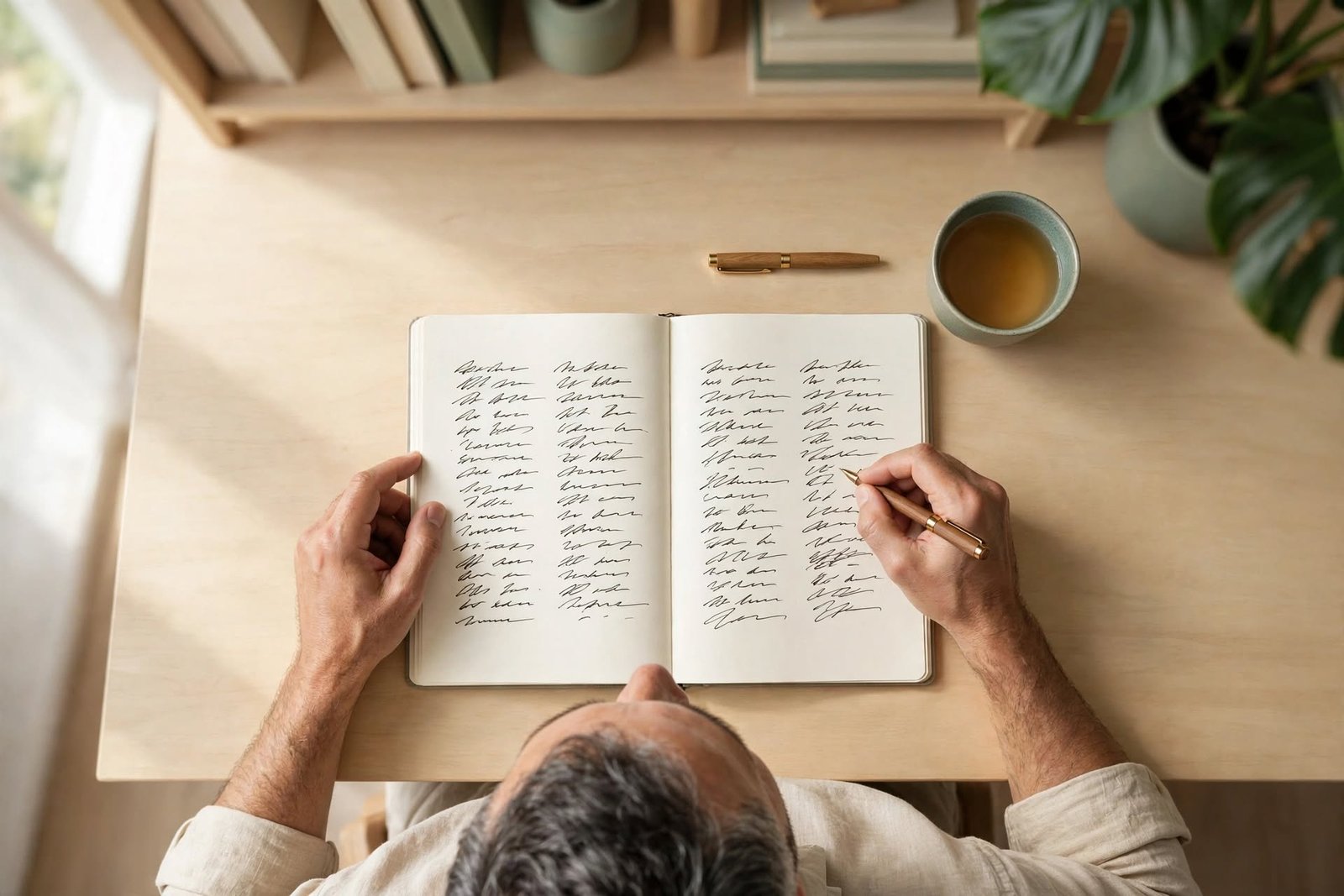 Escritorio minimalista visto desde arriba con un cuaderno para separar hechos de interpretaciones