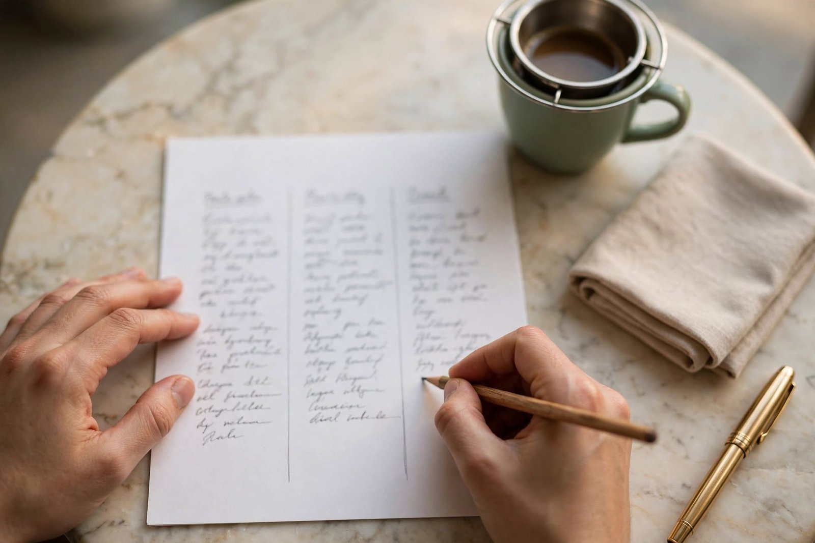 Expectativas familiares: cómo vivir tu vida sin culpa 3 Manos escribiendo en una hoja dividida en tres columnas sobre una mesa de café