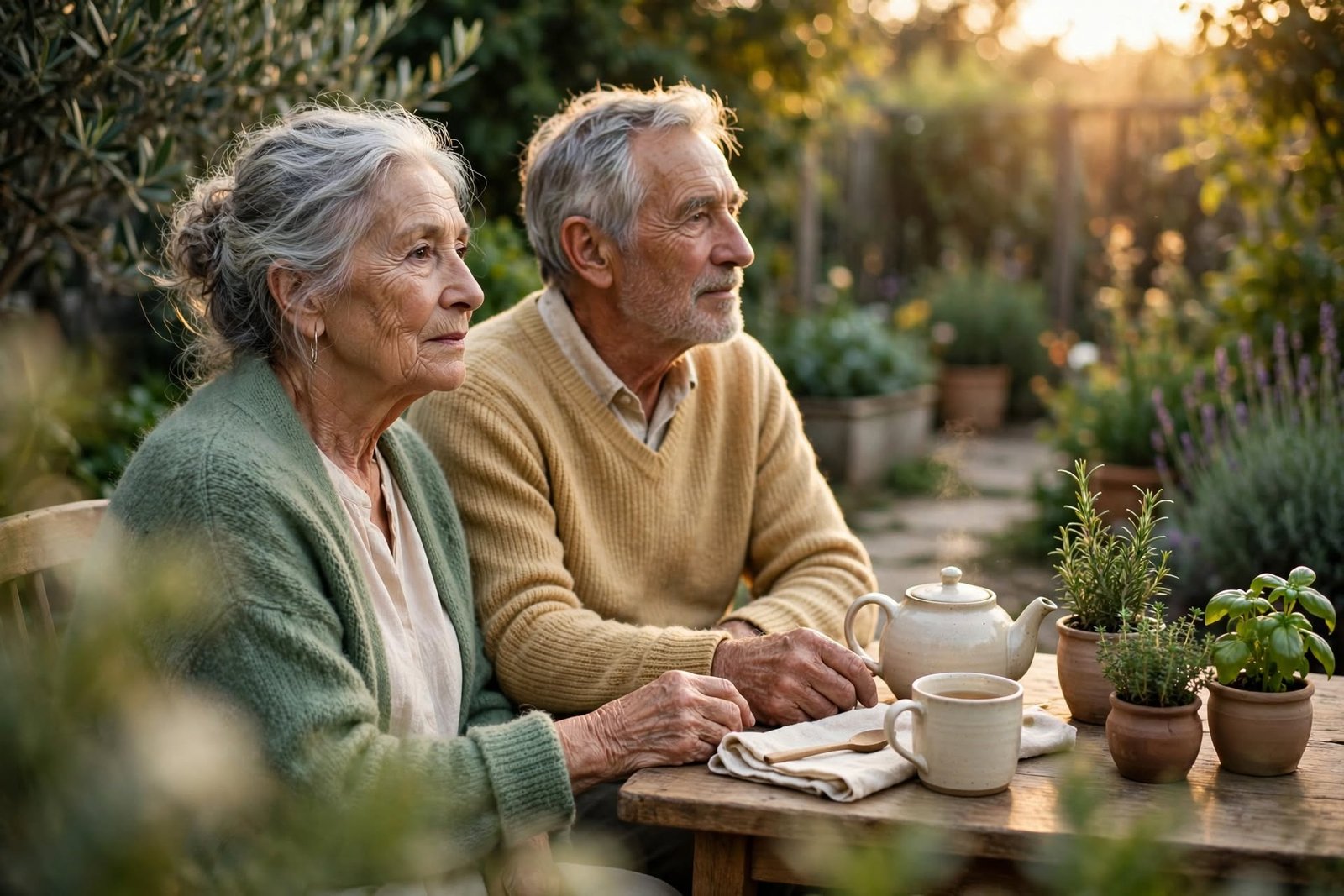Pareja mayor compartiendo té en un jardín al atardecer, imagen de equilibrio emocional y presencia