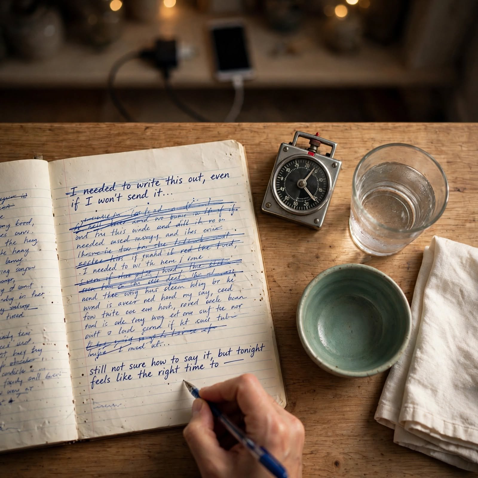 Cómo salir de una relación dependiente sin volver atrás 3 Cuaderno con una carta sin enviar, temporizador de cocina y teléfono lejos, herramienta para manejar la abstinencia emocional