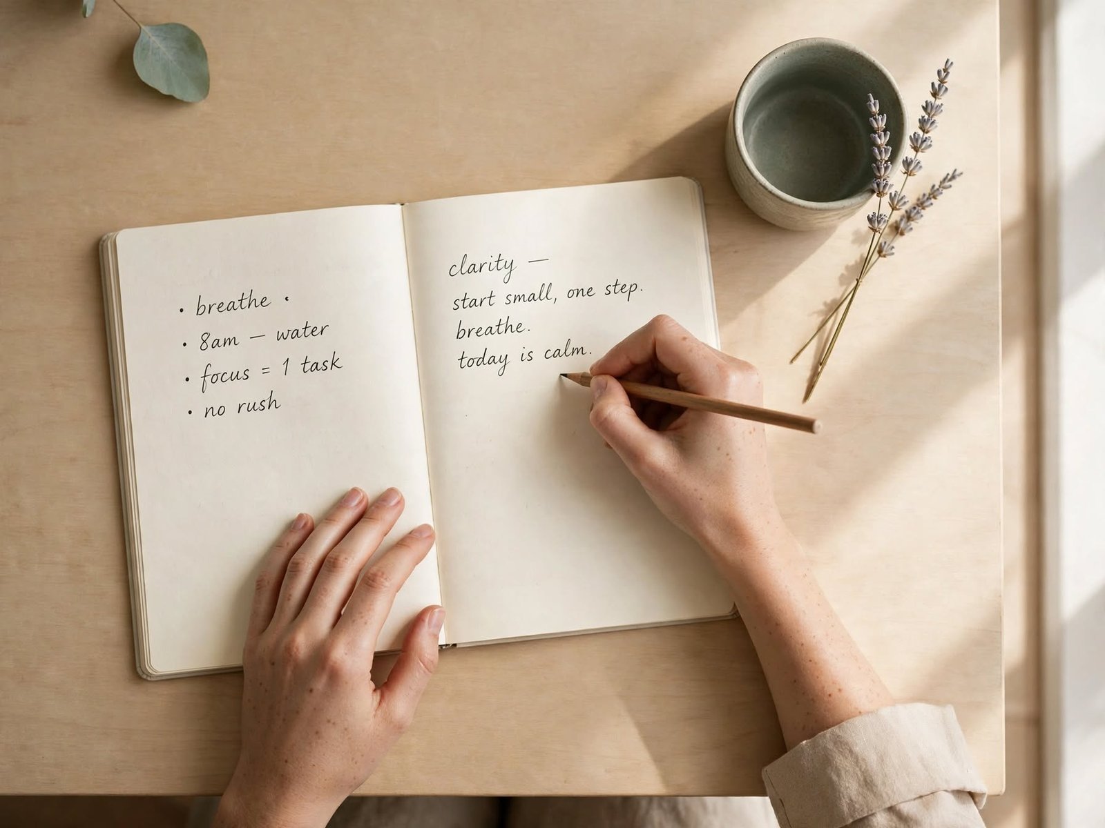 Manos escribiendo en un cuaderno sobre un escritorio minimalista para ordenar pensamientos repetitivos
