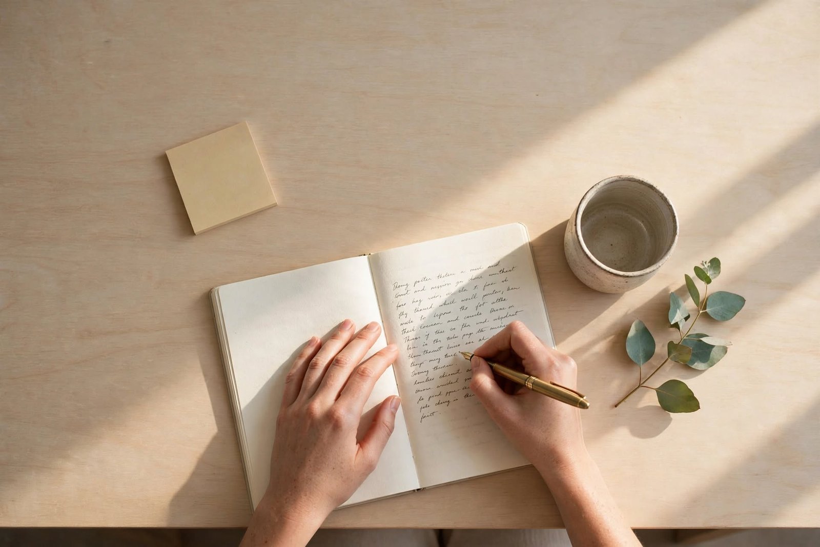 Manos escribiendo en una libreta sobre un escritorio minimalista, ejercicio de claridad mental