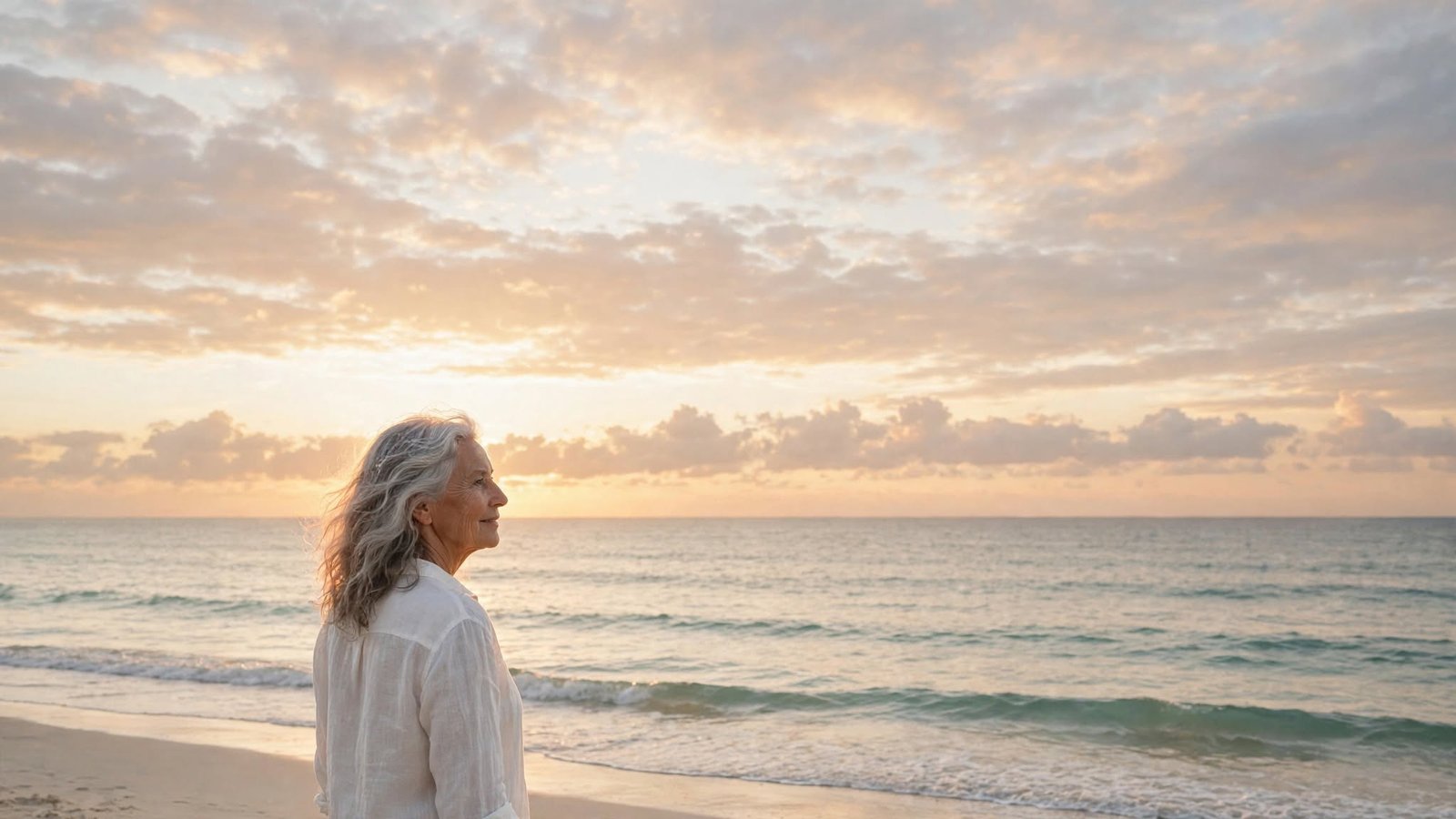 Cómo soltar el control: guía práctica para dejar de sobreintentar 4 Mujer mayor frente al mar al amanecer, imagen de transformación y confianza al soltar el control