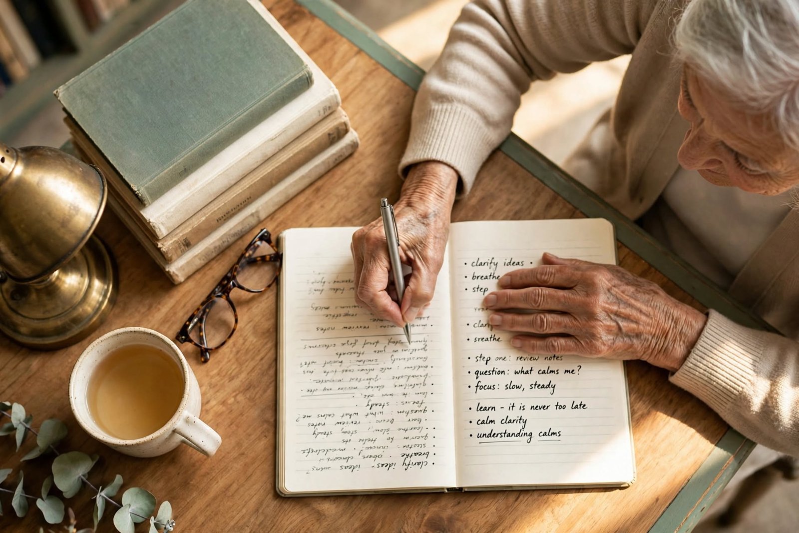 Explosiones emocionales: cómo reconocerlas, frenarlas y repararlas 2 Persona mayor escribiendo en un cuaderno en una biblioteca para entender sus emociones
