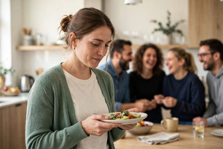 Mujer apartada durante un almuerzo de equipo que representa la herida de rechazo y la sensación de quedar fuera