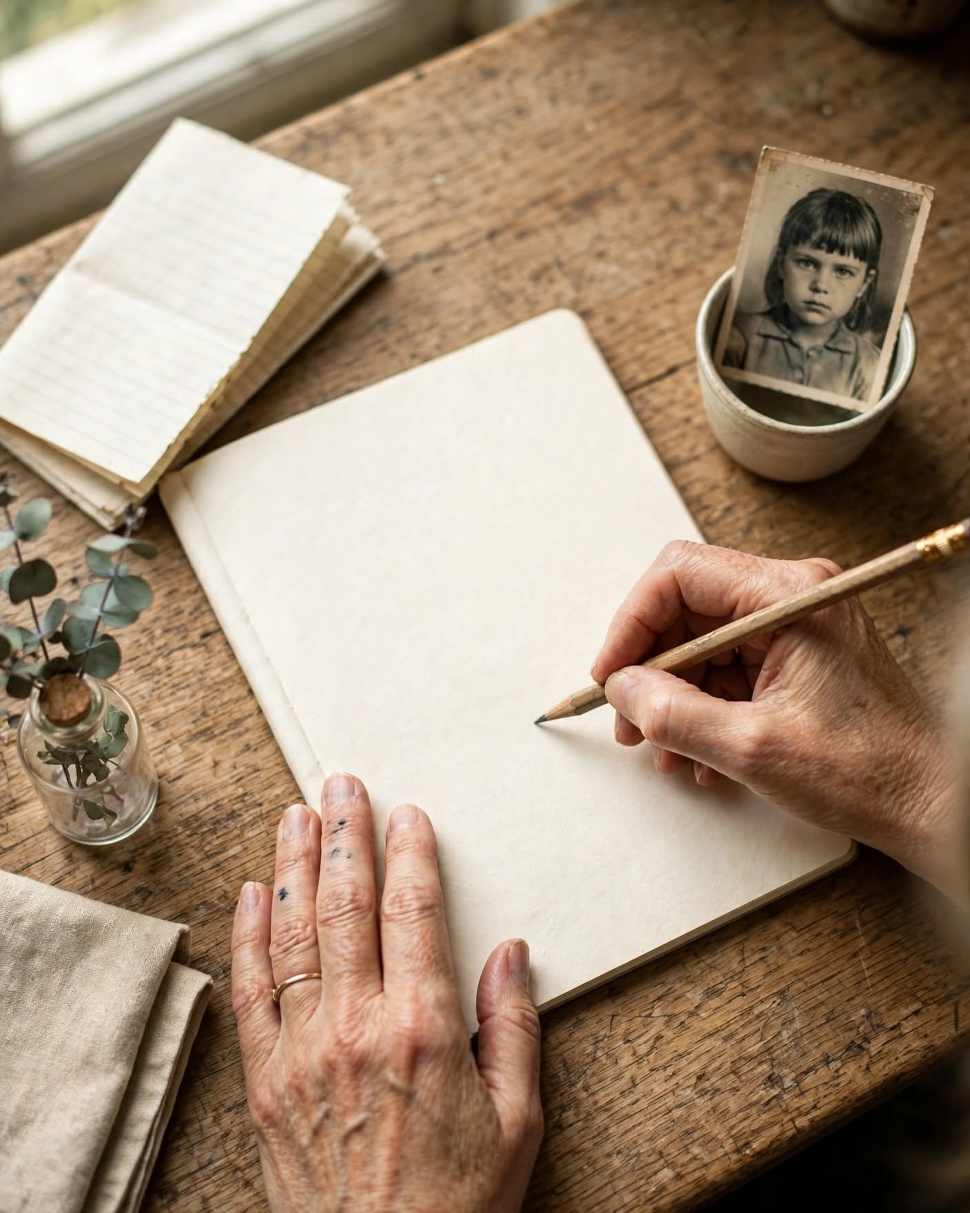 Manos de una mujer escribiendo una carta a su niño interior junto a una fotografía infantil