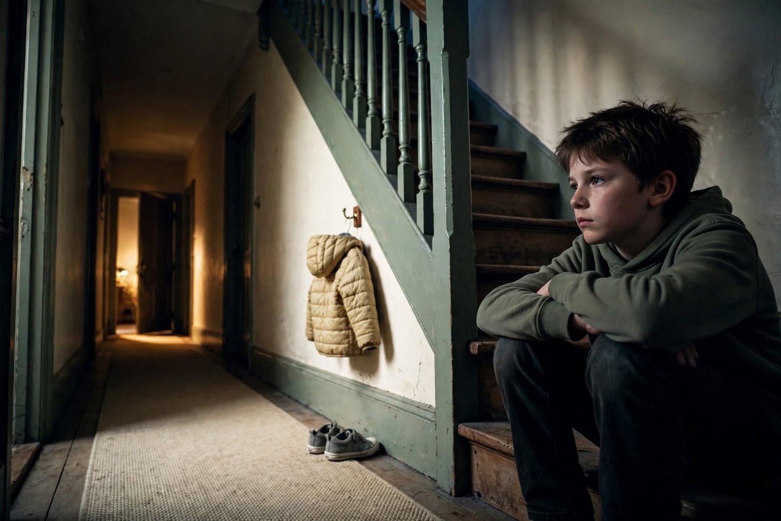 Niño sentado en una escalera escuchando una discusión familiar con actitud vigilante