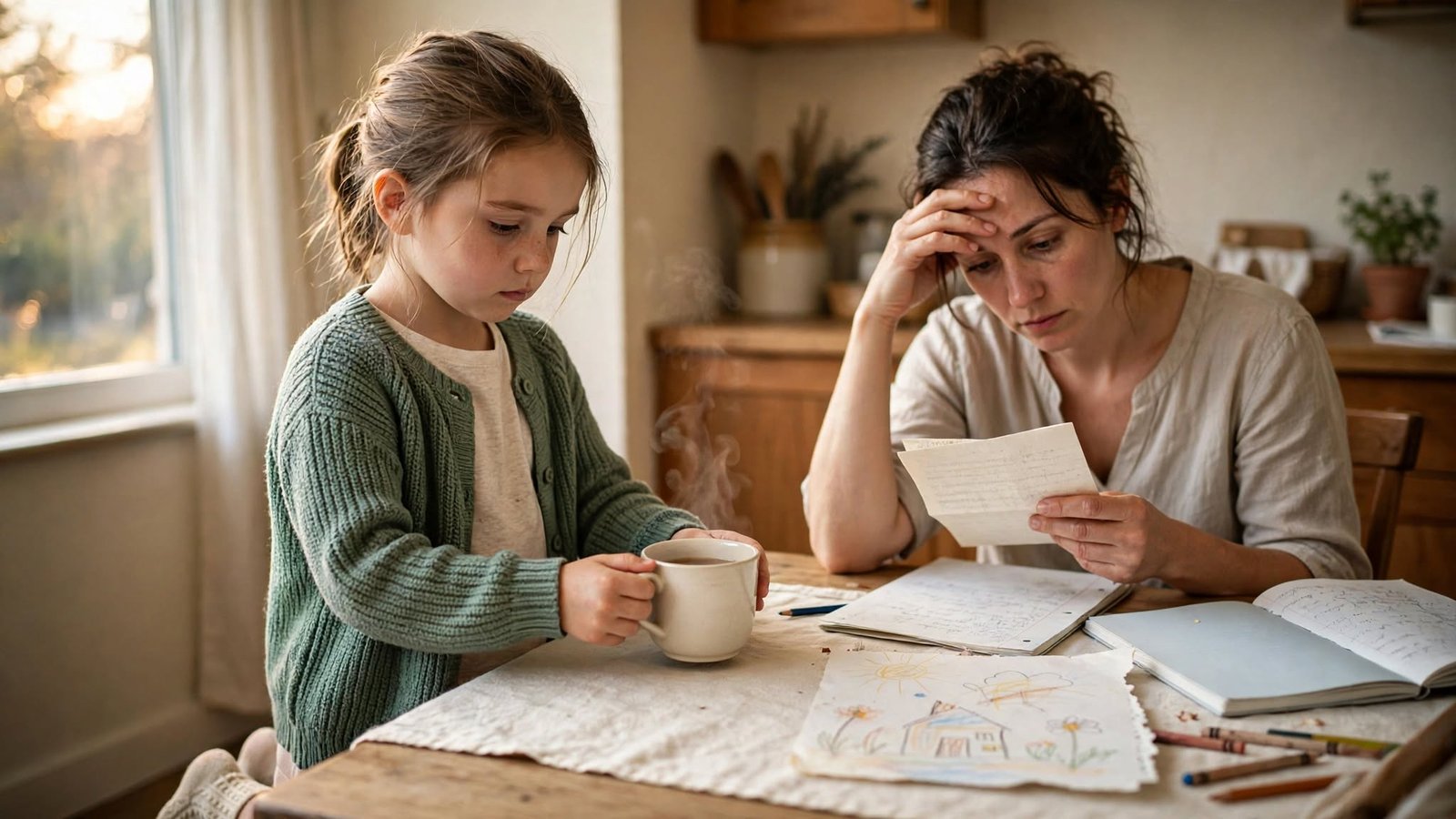 Niña sirviendo una taza de té a su madre cansada, imagen que representa a los hijos invertidos en la infancia