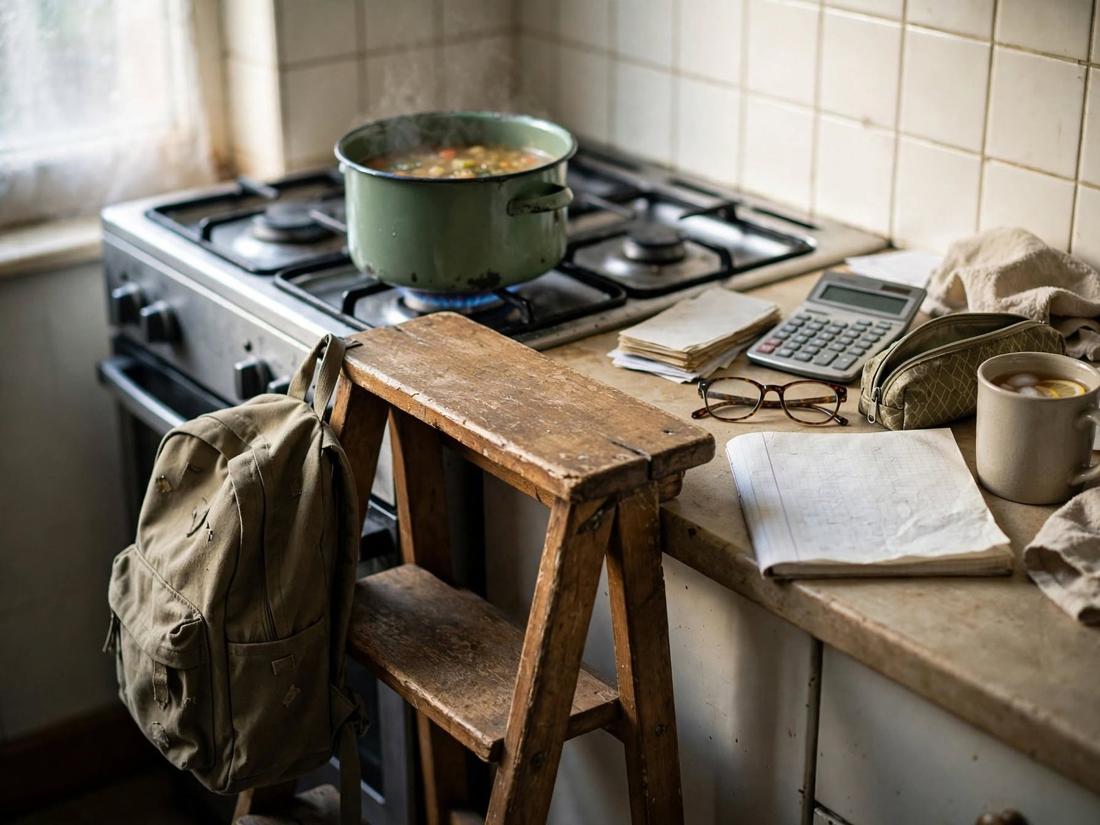 Taburete infantil frente a la cocina junto a facturas, símbolo de tareas adultas asumidas en la infancia