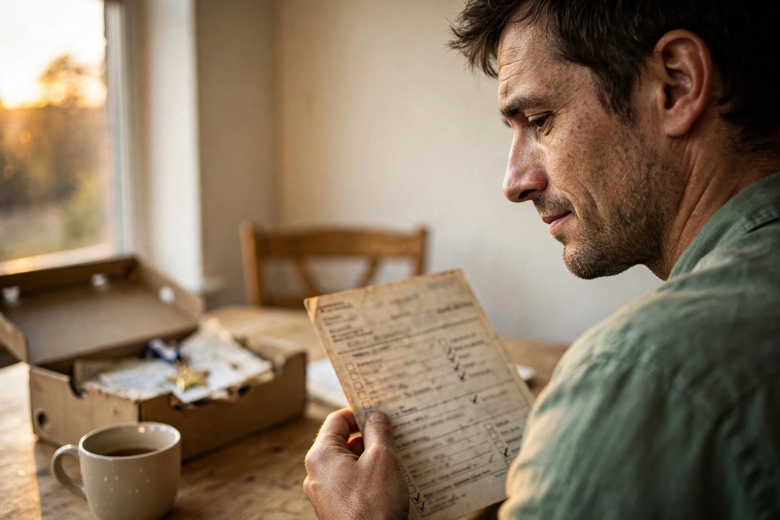 Hombre adulto en una cocina al atardecer observando un boletín escolar antiguo: infancia con madre fría y padre ausente