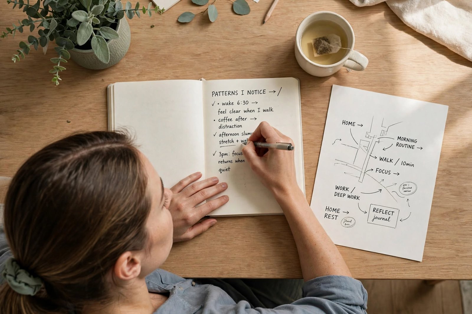 Escritorio minimalista visto desde arriba con una libreta donde se dibuja un mapa de heridas emocionales