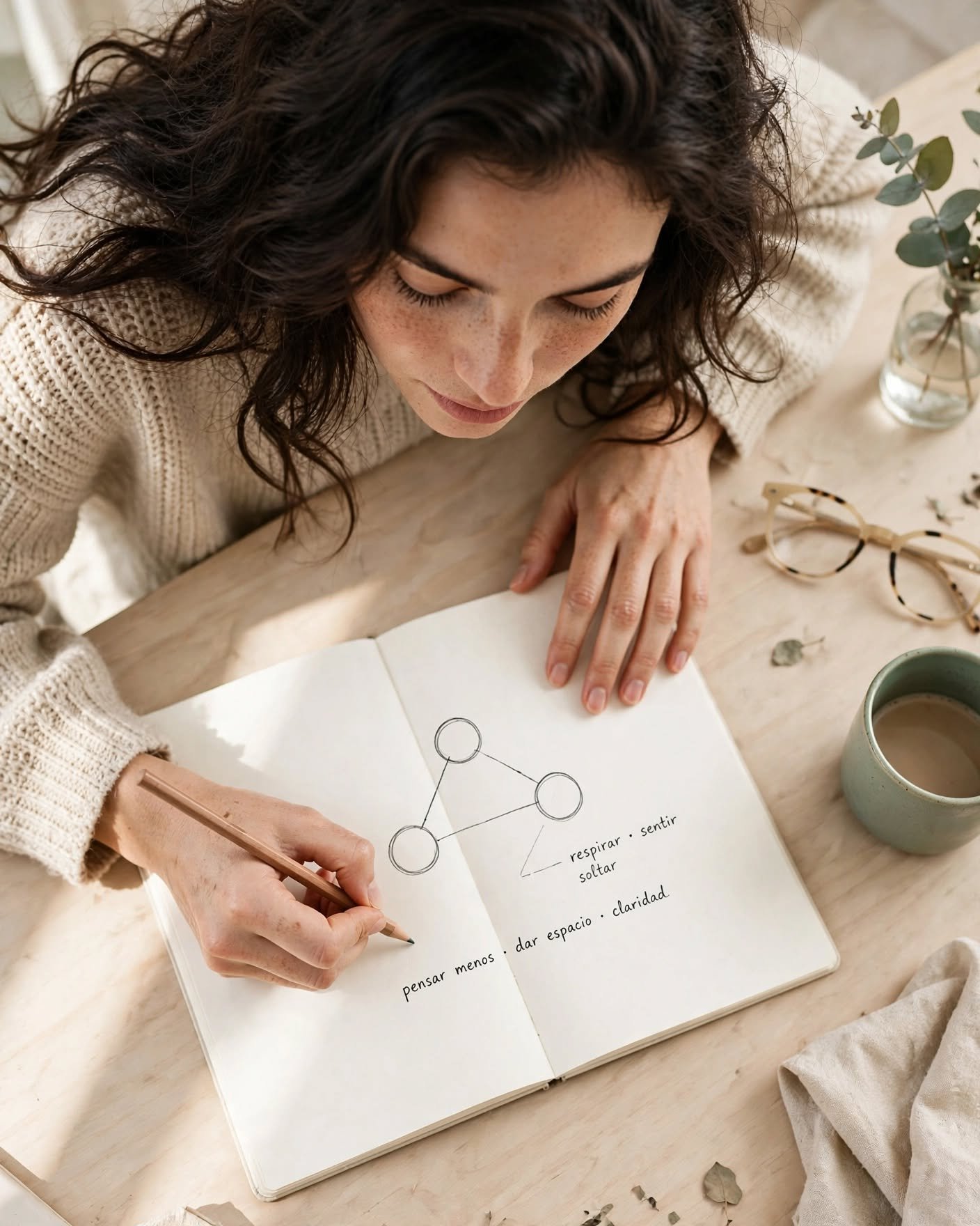 Cómo soltar el control: guía práctica para dejar de sobreintentar 3 Mujer joven escribiendo en una libreta el mapa de sus micro-controles diarios sobre un escritorio minimalista
