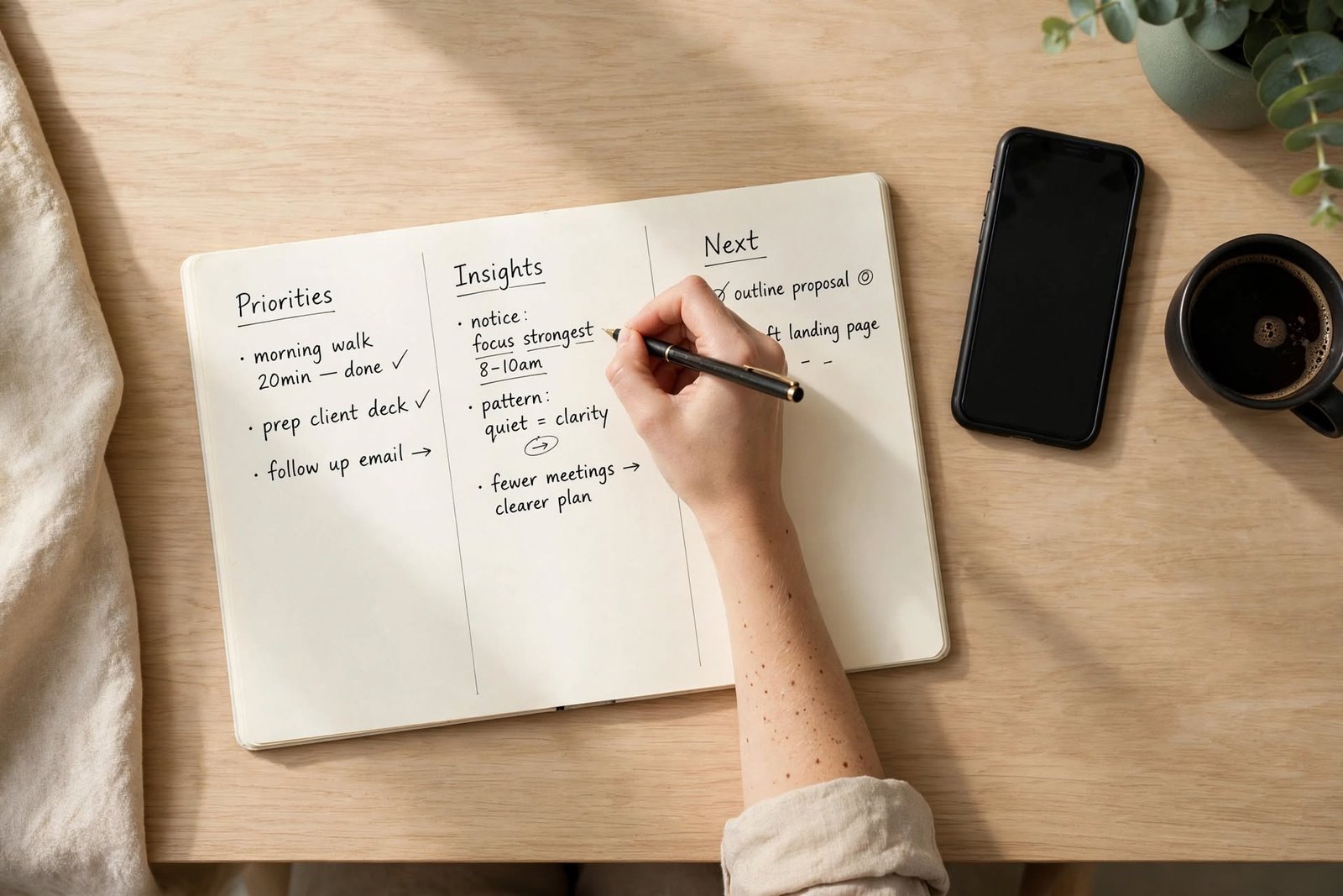 Manos escribiendo un mapa de sabotajes personales en un cuaderno sobre un escritorio minimalista