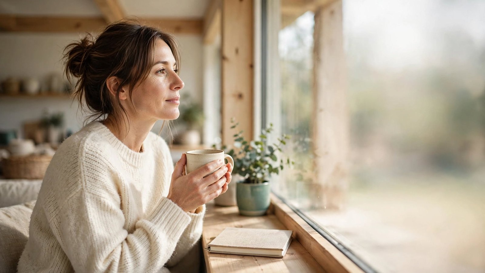 Mujer descansando junto a una ventana luminosa, imagen sobre la mente que no para de resolver problemas y el descanso mental