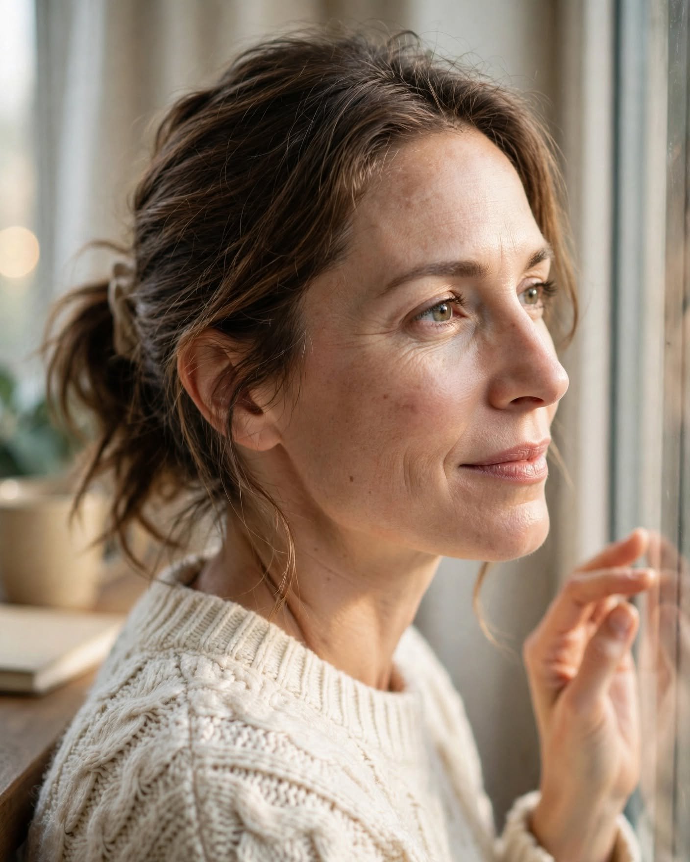 Mujer serena junto a una ventana iluminada, reflexionando sobre el miedo a empezar