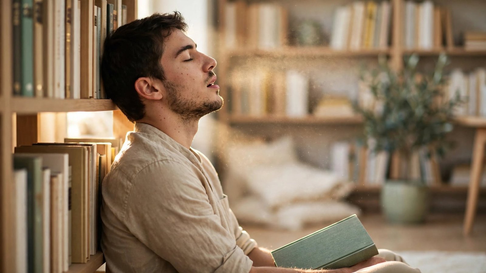 Hombre joven respirando con alivio en una biblioteca iluminada por luz natural