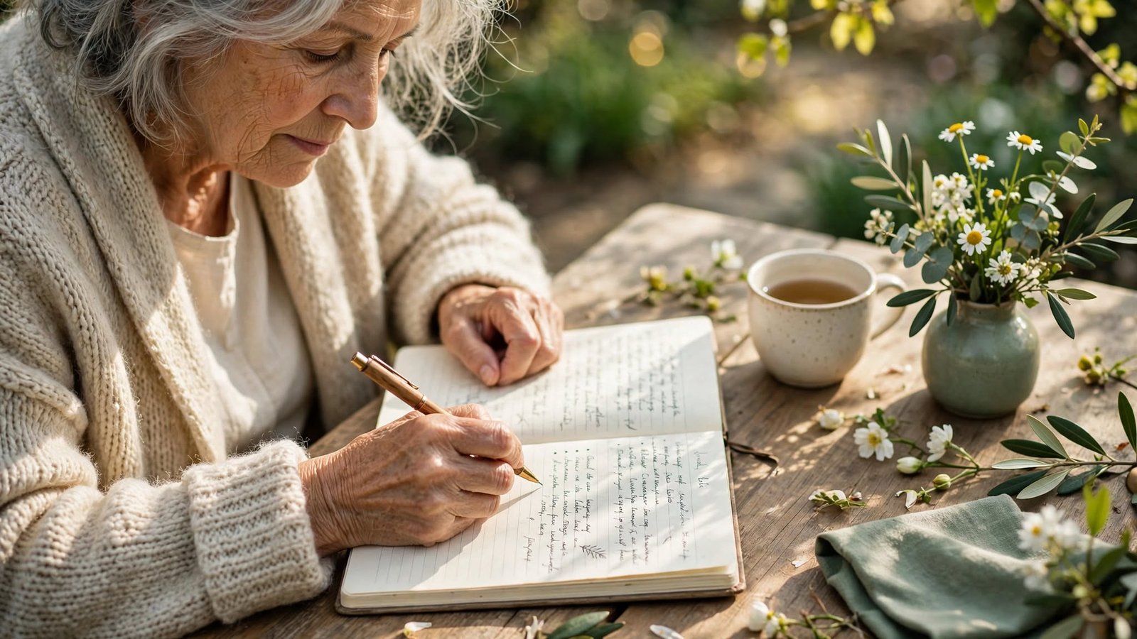 Persona mayor escribiendo en un cuaderno en un jardín, ordenando ideas con claridad