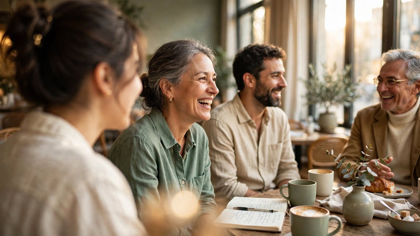Grupo de amigos conversando con cercanía en una cafetería tranquila
