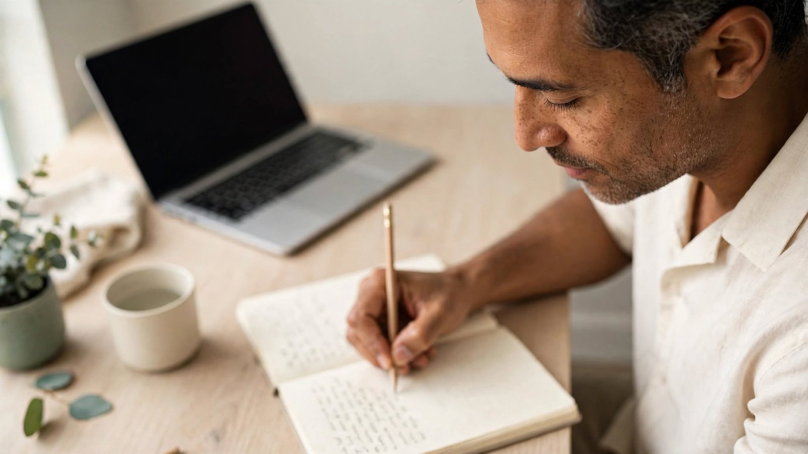Profesional trabajando en un escritorio minimalista, practicando pequeños pasos para superar el miedo a ser visto