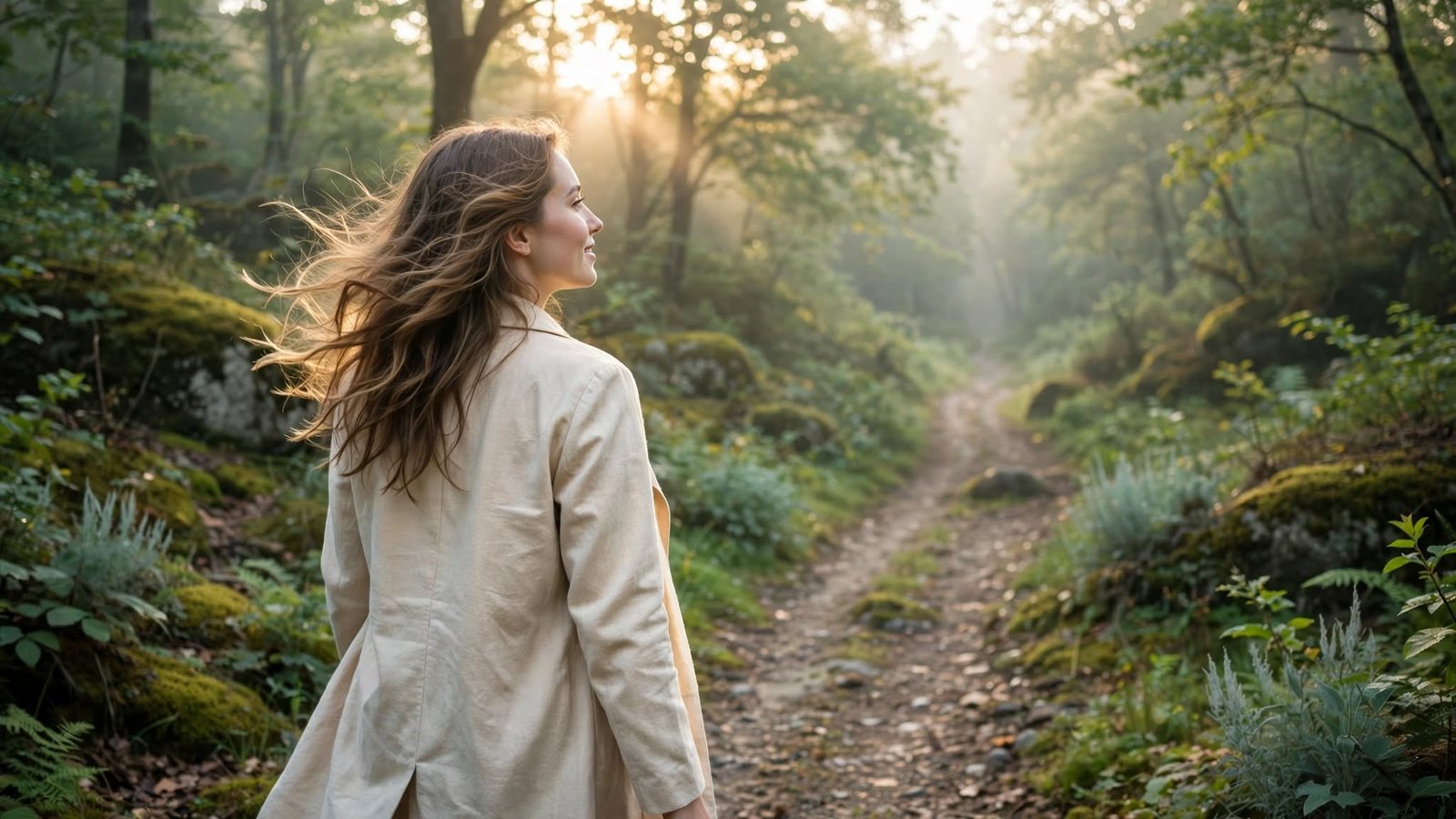 Mujer joven caminando por un sendero natural al amanecer, símbolo de transformación tras el miedo a ser visto