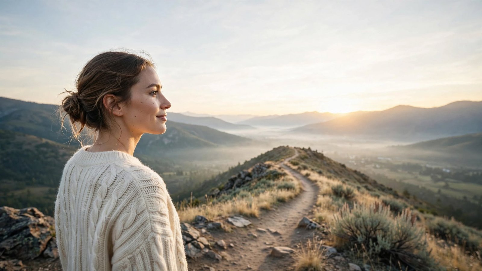 Mujer joven frente a un sendero de montaña al amanecer, imagen sobre el miedo al éxito y el valor de dar el siguiente paso