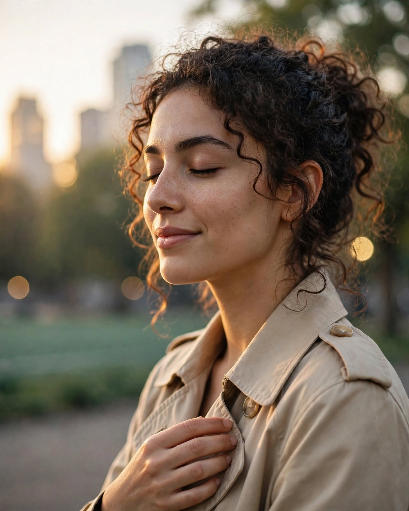Mujer joven con la mano en el pecho en un parque al amanecer, transformando su relación con los pensamientos