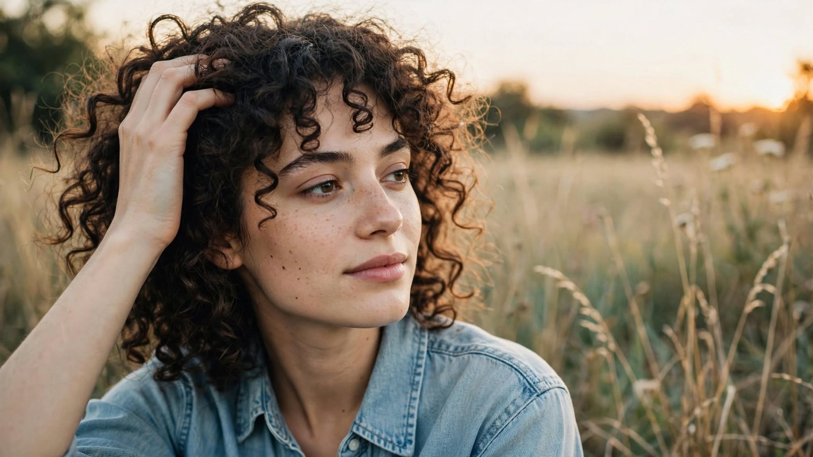 Mujer joven de pelo rizado al aire libre con luz natural de atardecer, ilustrando cómo ser auténtico y sentirse a gusto con uno mismo