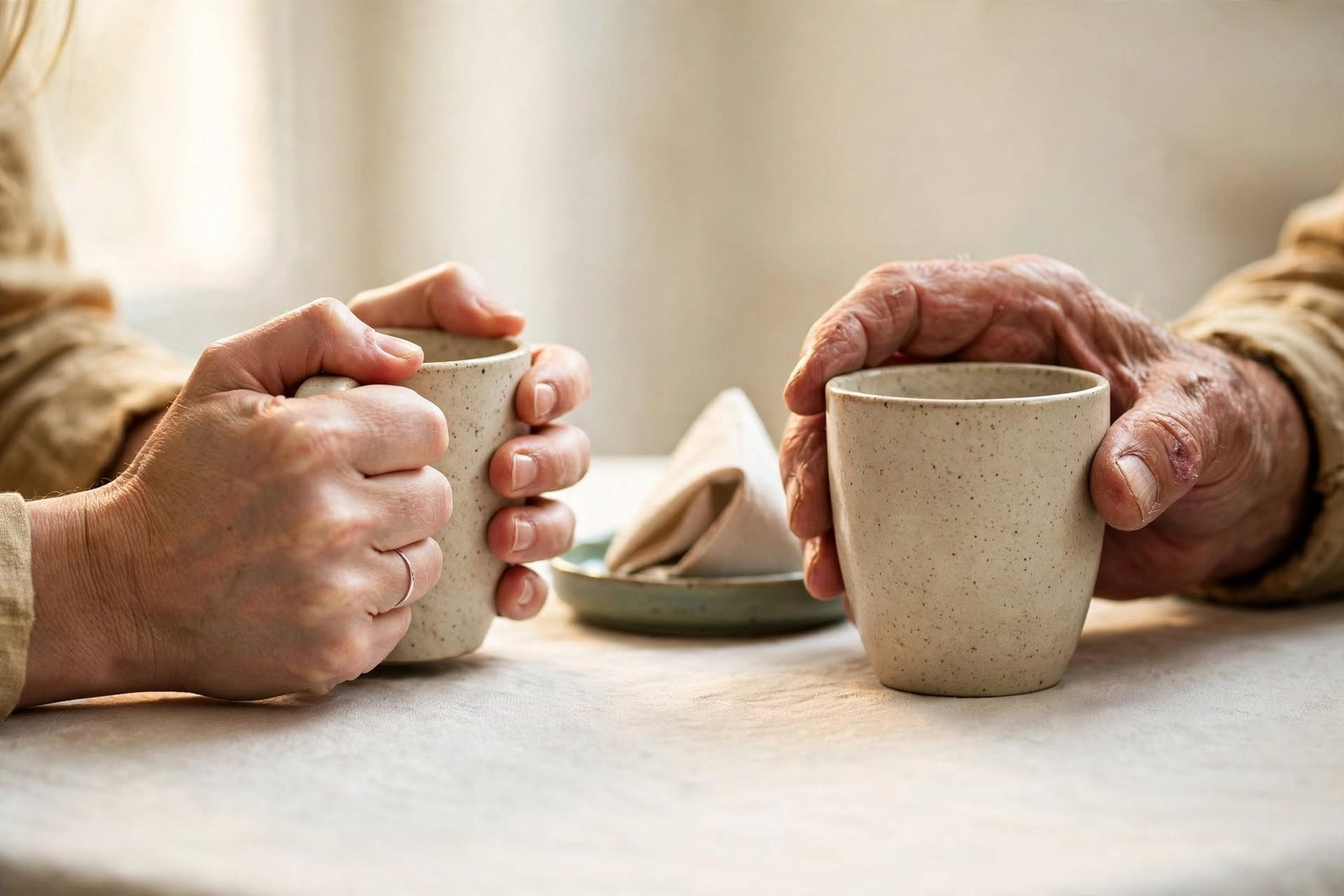 Dos pares de manos sostienen una taza, una con tensión y otra con suavidad, metáfora de necesitar y elegir
