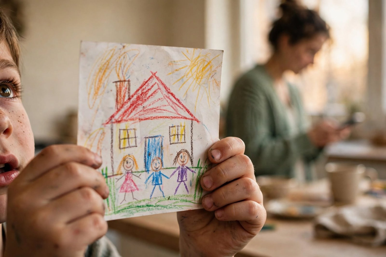 Niño levantando un dibujo mientras su madre, desenfocada, mira el teléfono