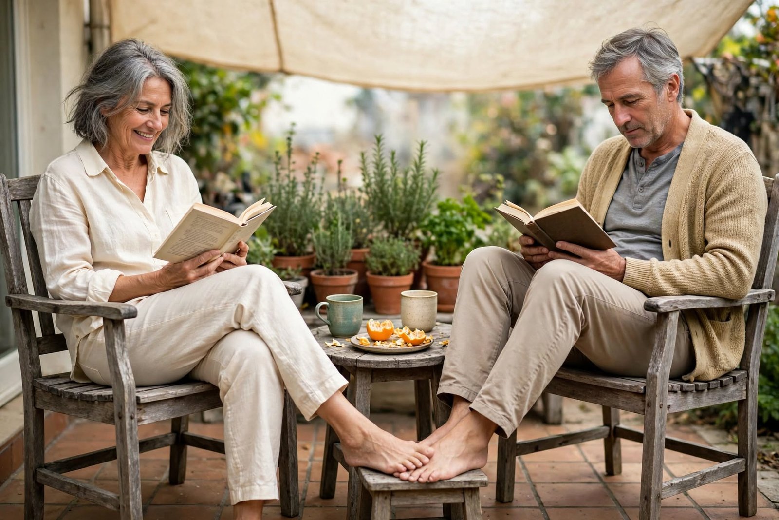Dependencia emocional: señales, causas y cómo superarla 5 Pareja mayor leyendo cada uno su libro en un patio, como ejemplo de vínculo con autonomía emocional