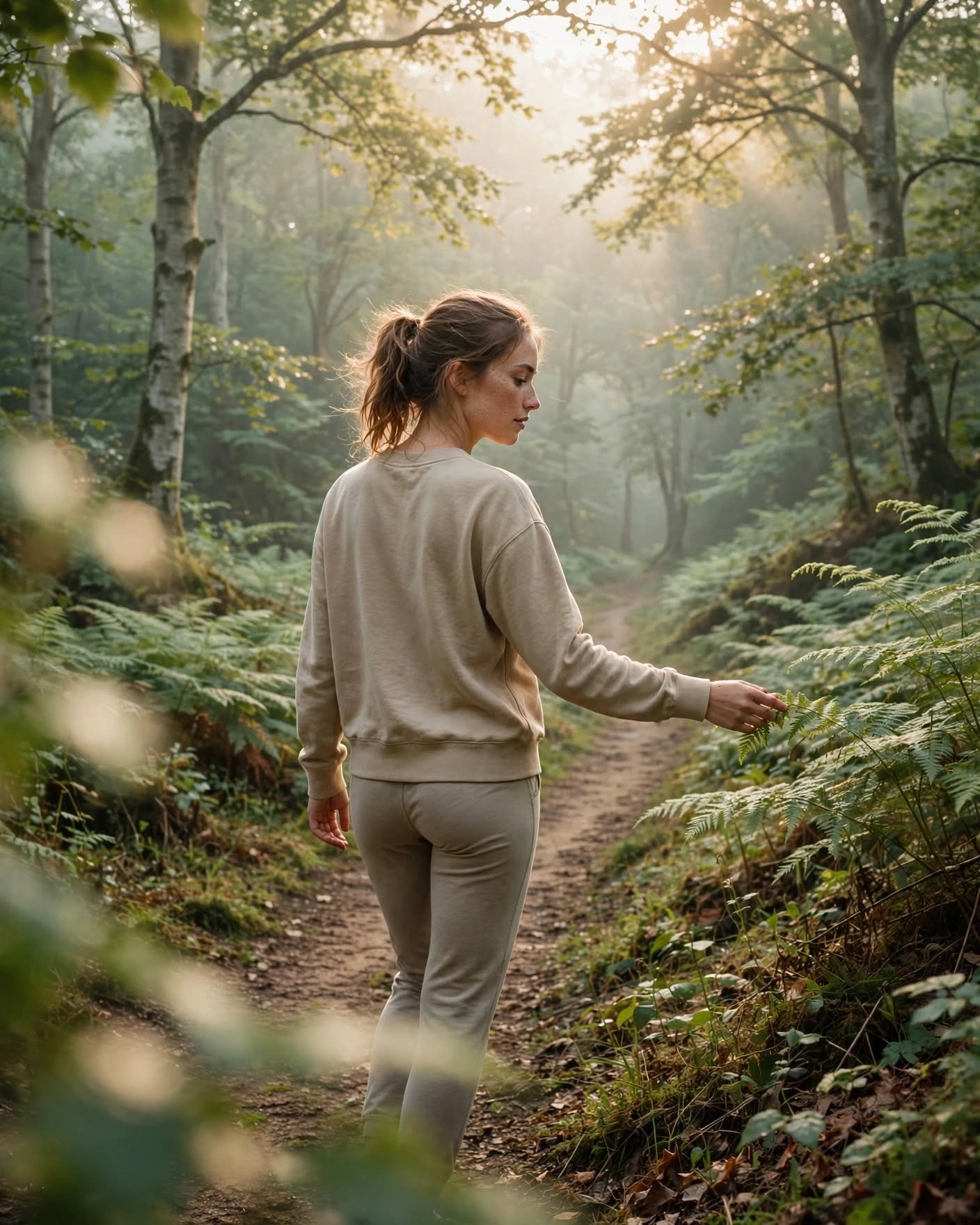 Mujer joven caminando por un sendero de bosque para practicar descanso mental