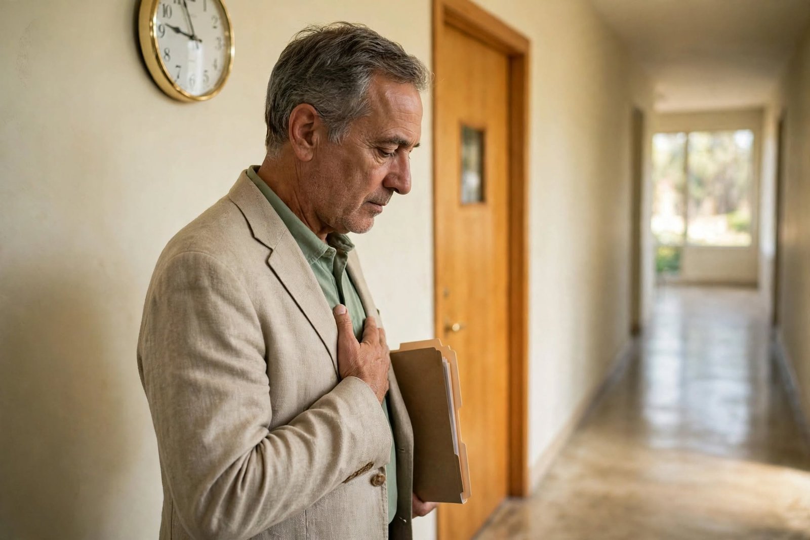 Hombre con la mano en el pecho haciendo una pausa consciente antes de entrar a una reunión