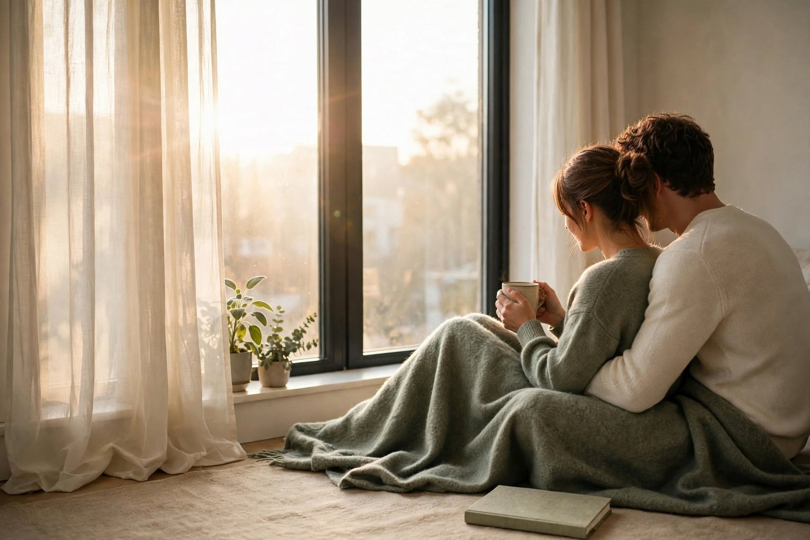 Pensar antes de dormir: cómo calmar la mente que no se apaga por la noche 5 Pareja compartiendo una taza junto a una ventana luminosa al amanecer después de una noche de descanso