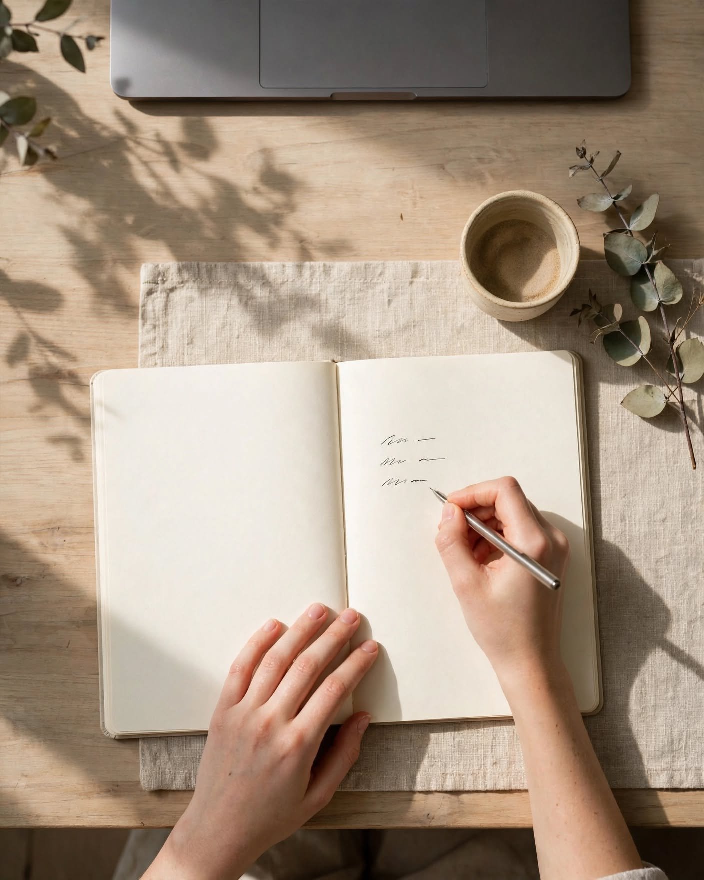 Pensar antes de dormir: cómo calmar la mente que no se apaga por la noche 2 Manos escribiendo en un cuaderno sobre un escritorio minimalista para vaciar la mente antes de dormir