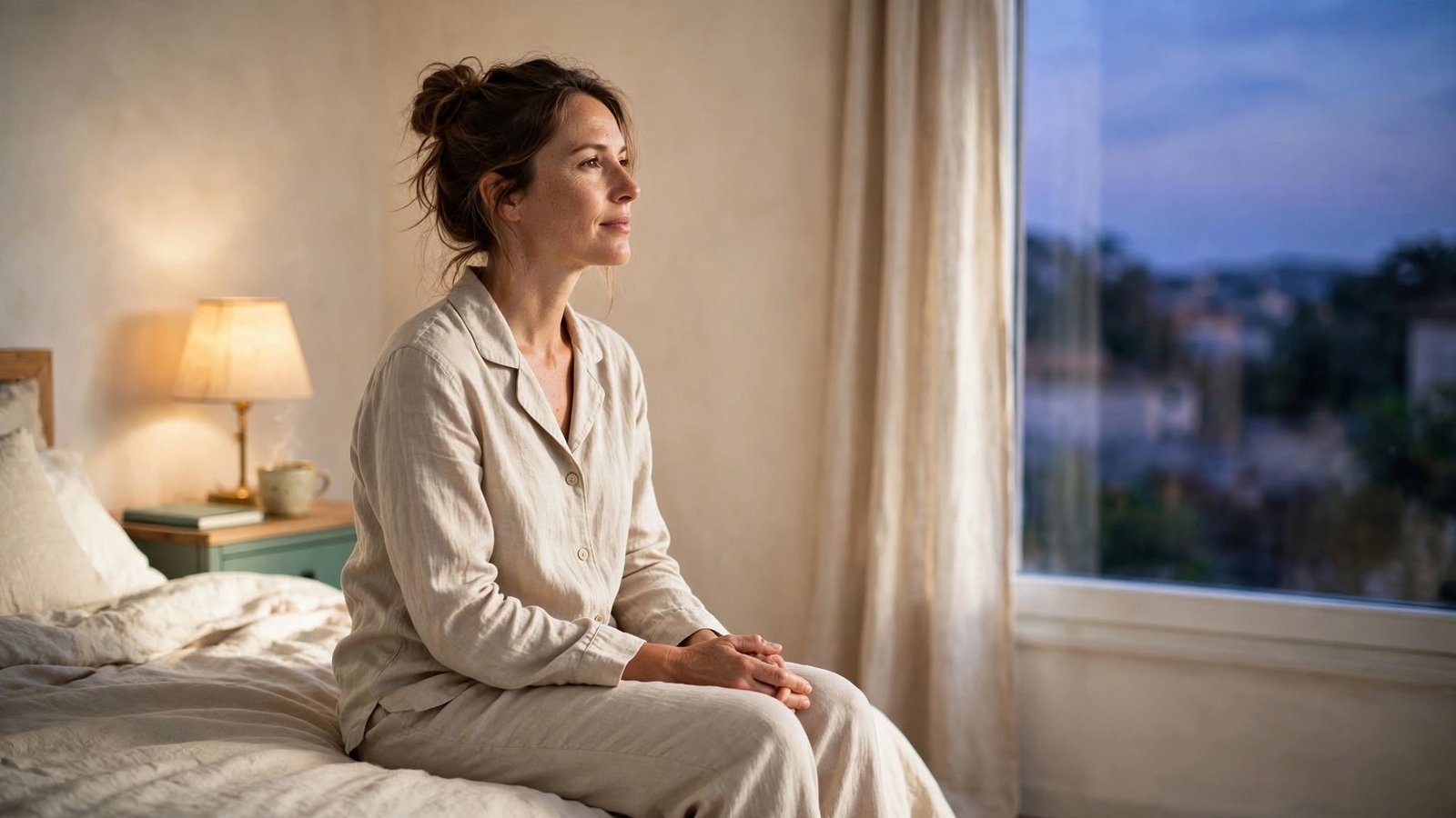 Mujer serena sentada al borde de la cama al anochecer, aprendiendo a calmar la mente al pensar antes de dormir