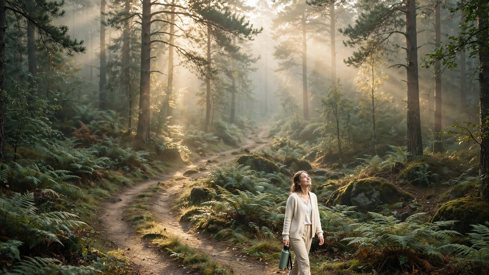 Pensar antes de dormir: cómo calmar la mente que no se apaga por la noche 4 Mujer joven caminando por un sendero de bosque al amanecer tras recuperar un descanso más sereno
