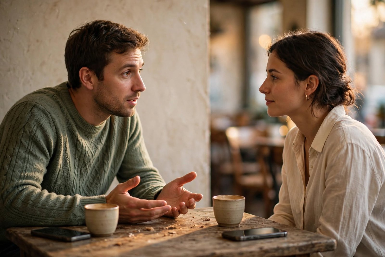 Dos amigos conversando en una cafetería, uno pregunta con honestidad en vez de suponer