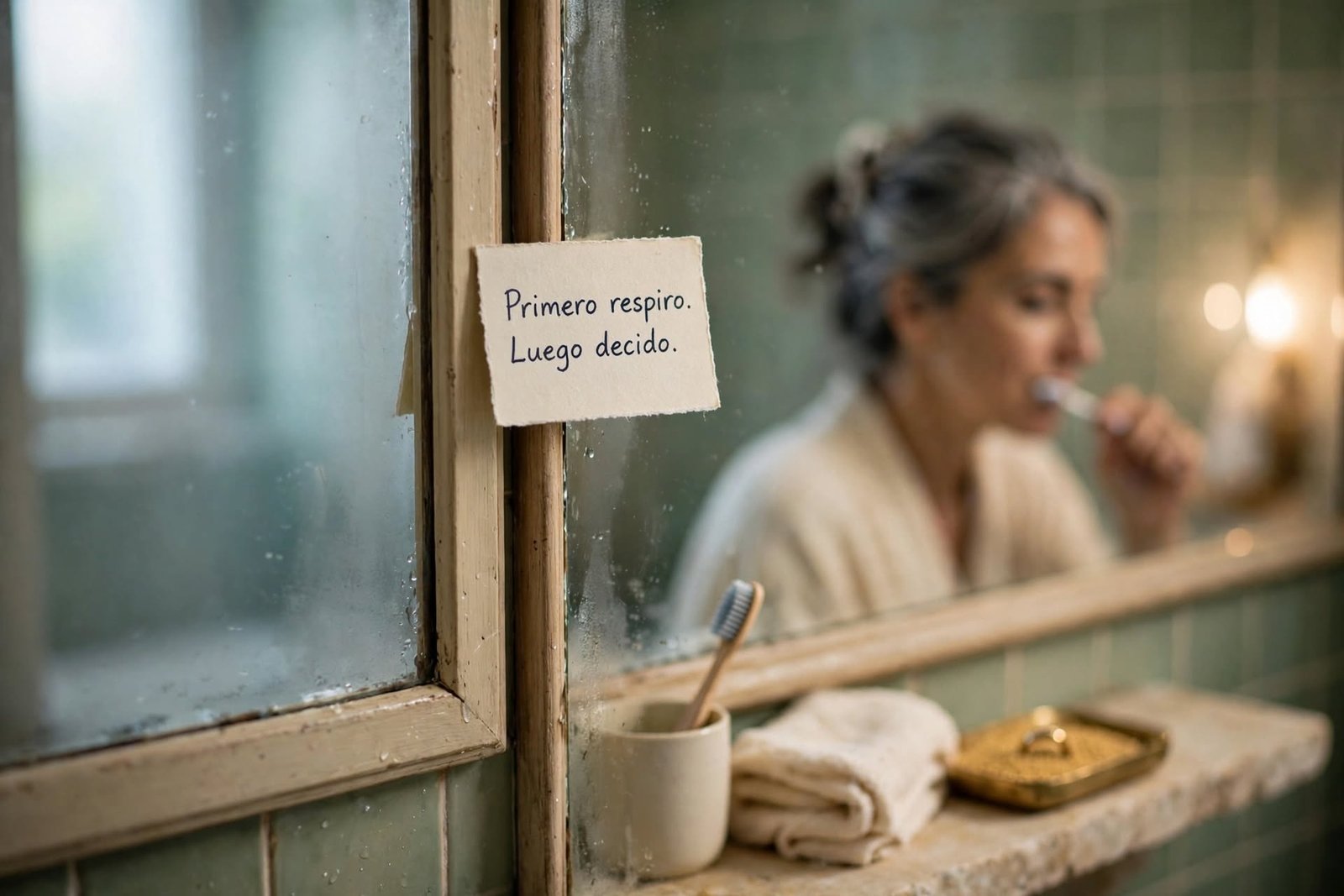Nota escrita a mano en el espejo del baño que recuerda hacer una pausa antes de decidir