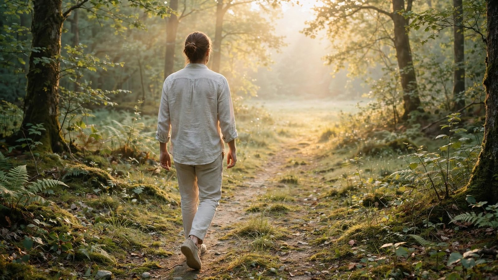 Persona caminando por un sendero de bosque al amanecer, simbolizando el camino de regreso a uno mismo