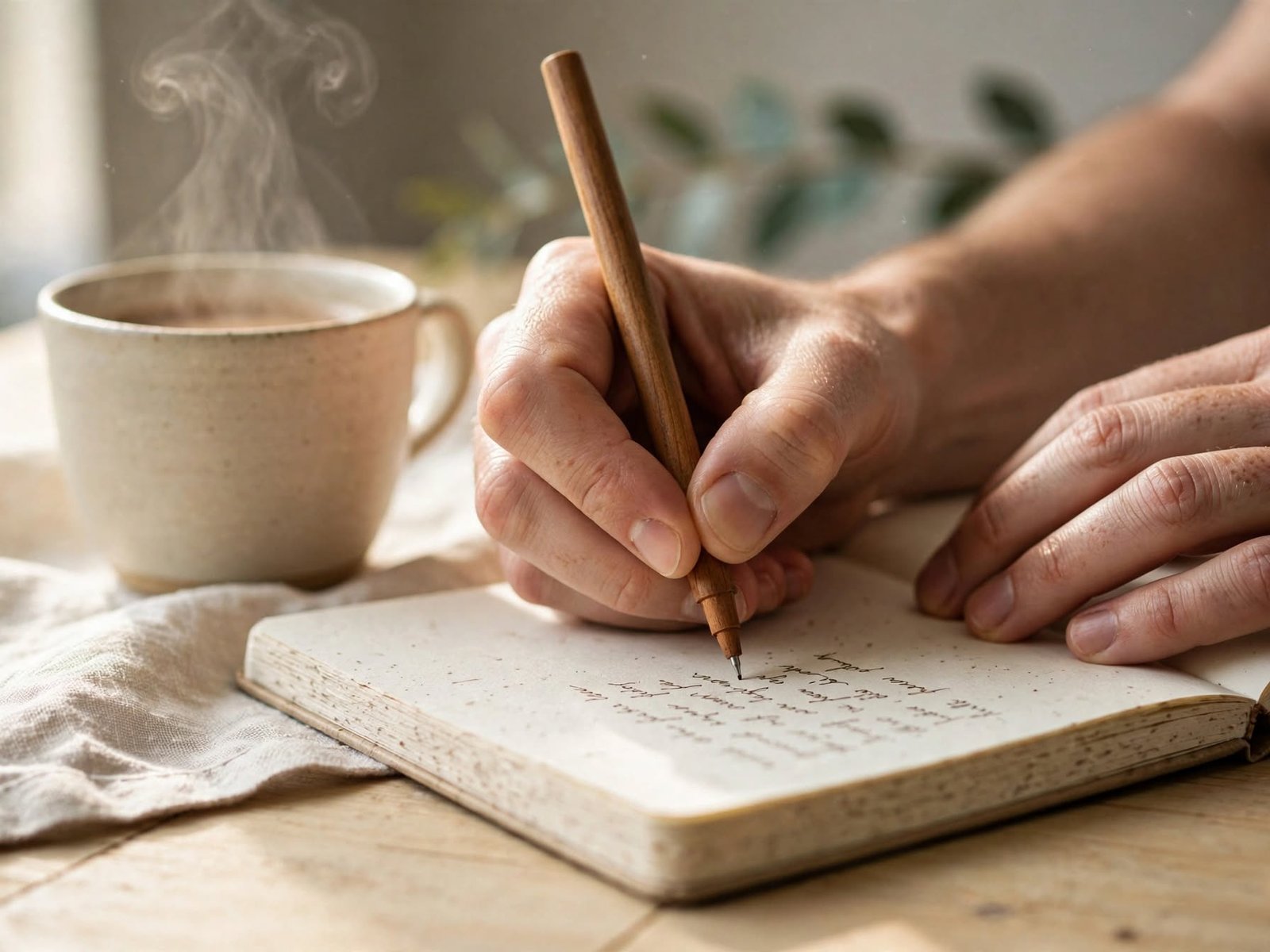 Manos escribiendo en un cuaderno junto a una taza de café humeante sobre una mesa de madera, durante un ejercicio de autoconocimiento