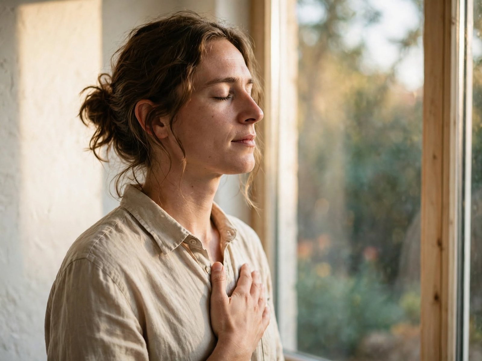 Volver al cuerpo: un gesto sencillo para empezar a reconectar contigo Persona de pie junto a una ventana con una mano sobre el pecho, respirando con calma y luz cálida de la tarde