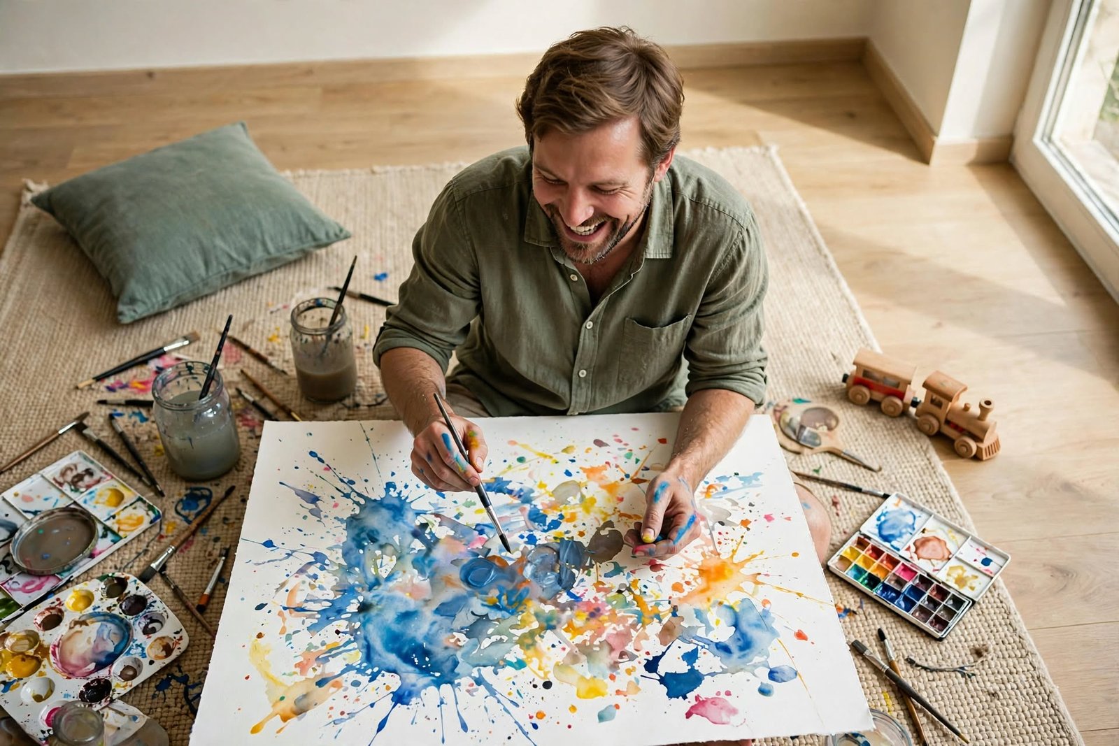 Adulto riendo sentado en el suelo del salón pintando con acuarelas y con las manos manchadas de pintura