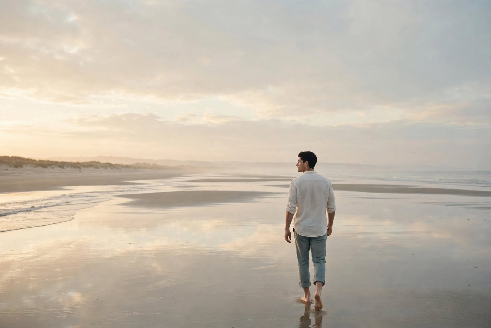 Hombre joven caminando por una playa tranquila al amanecer como símbolo de crecimiento personal