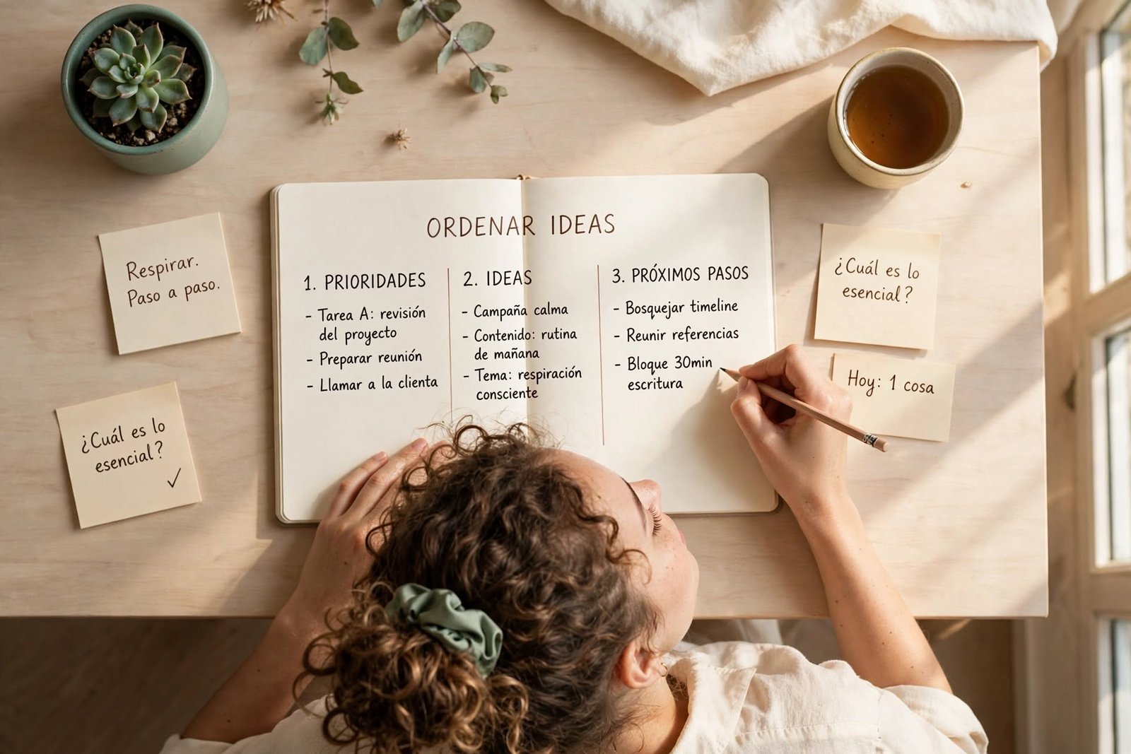 Mujer joven anotando pensamientos en un cuaderno sobre un escritorio minimalista