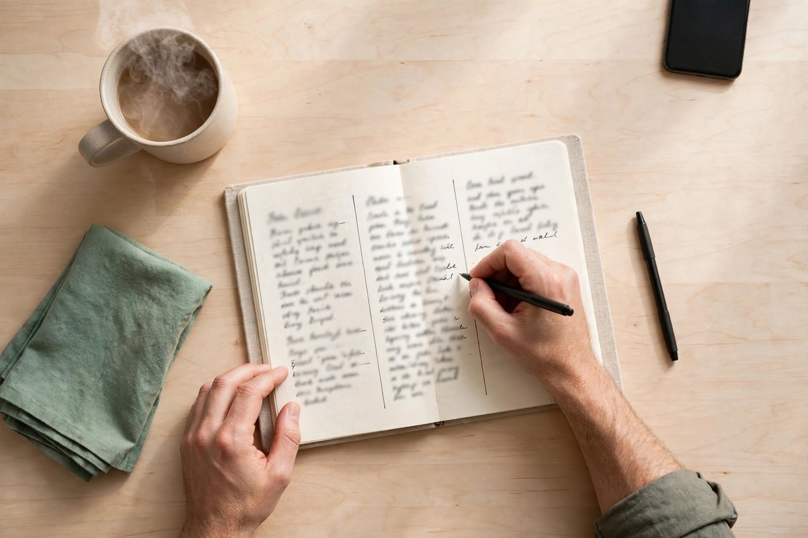 Manos escribiendo un registro de pensamientos con el móvil lejos para calmar la ansiedad en las relaciones
