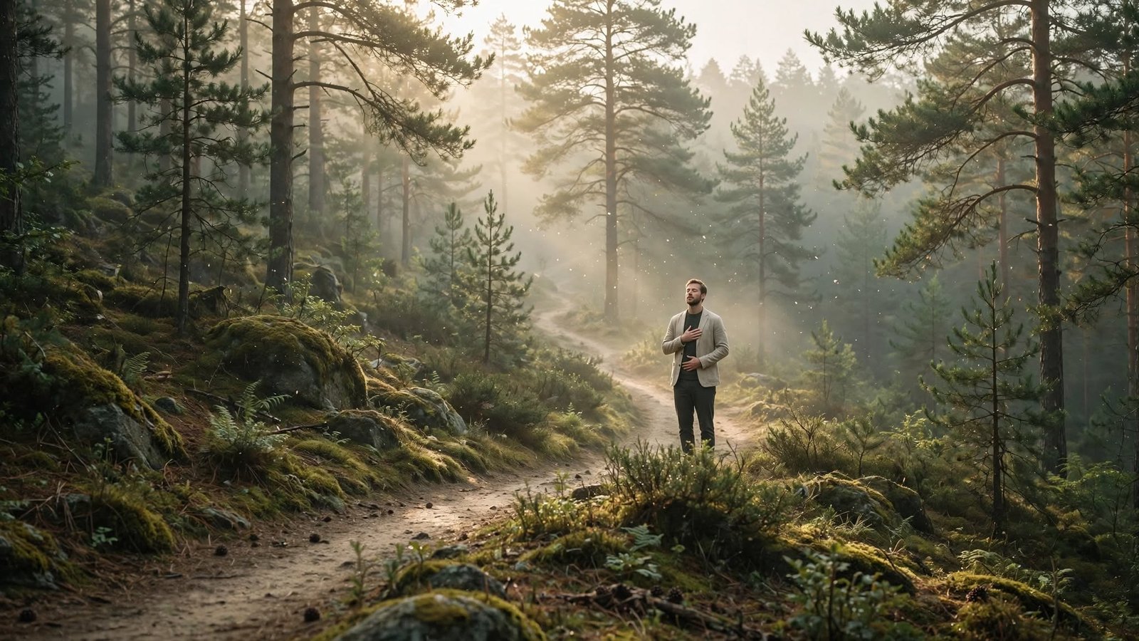 Saturación emocional: señales y cómo calmar tu sistema nervioso 3 Hombre joven practicando respiración consciente en un sendero del bosque