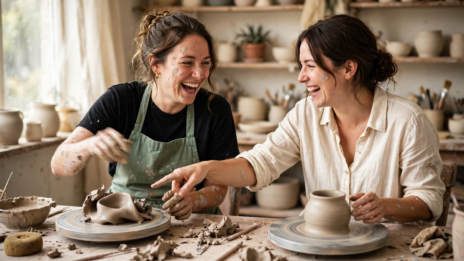 Cómo salir de una relación dependiente sin volver atrás 4 Dos amigas riendo en un taller de cerámica, retomando intereses después de una relación dependiente
