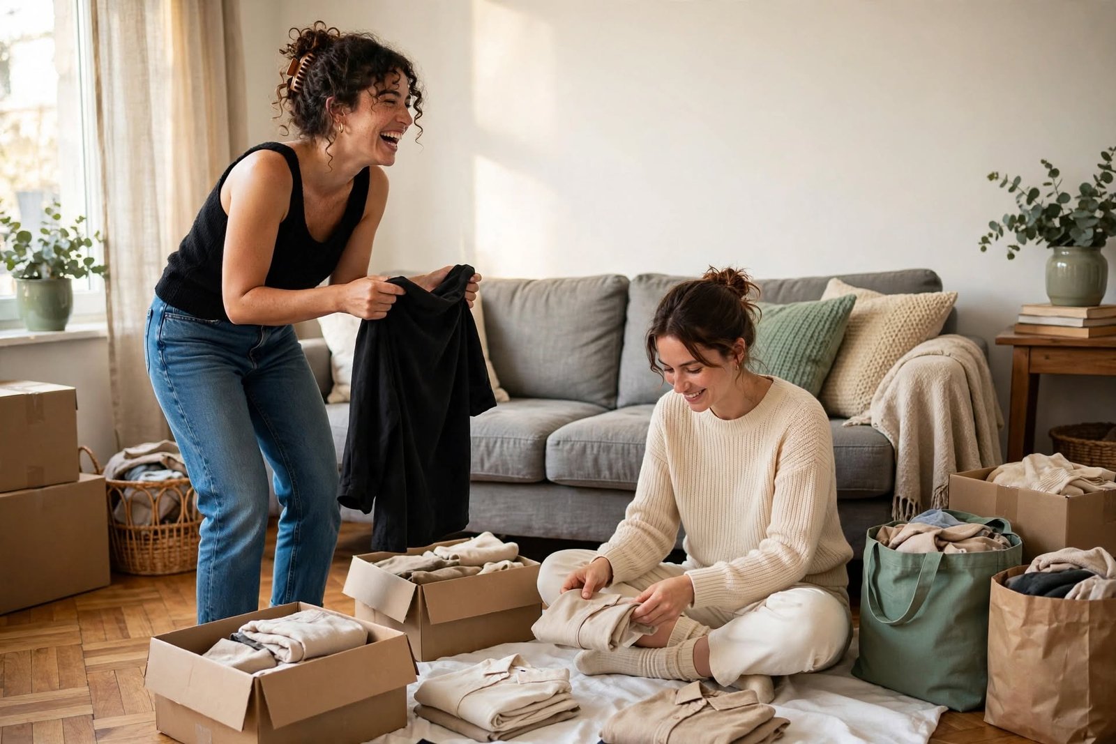 Dos amigas ordenando ropa con alivio como ejercicio de aceptación corporal y cuidado del cuerpo actual