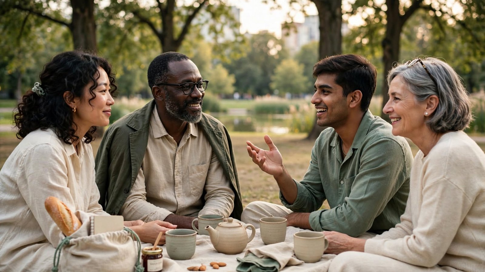 Grupo de amigos compartiendo té en un parque urbano, imagen de conexión y apoyo