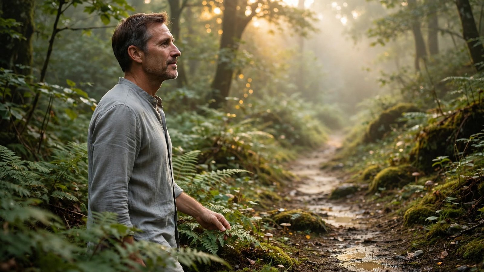 Hombre caminando con calma por un sendero de bosque, símbolo del alivio al comprender el freno interno